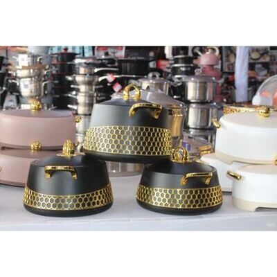 Black and gold honeycomb insulated food warmer set