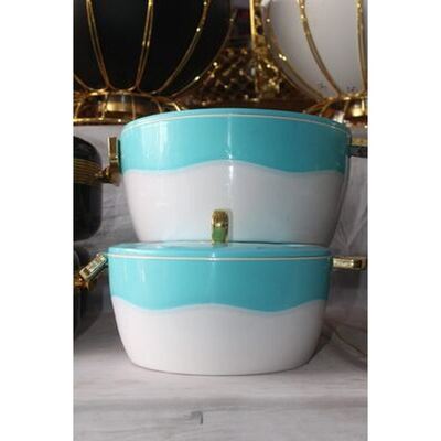 Turquoise and white insulated food warmer set