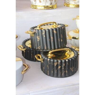 Grey and gold marble ribbed insulated food warmer set