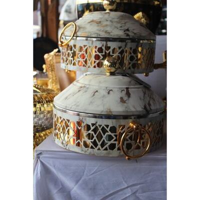 White marble and gold lattice insulated food warmer set