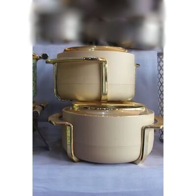 Beige insulated food warmer set with gold frame handles