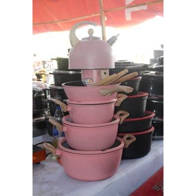 Pink granite non-stick cookware set with whistling kettle