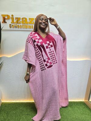 Women's pink kaftan with magenta geometric embroidery